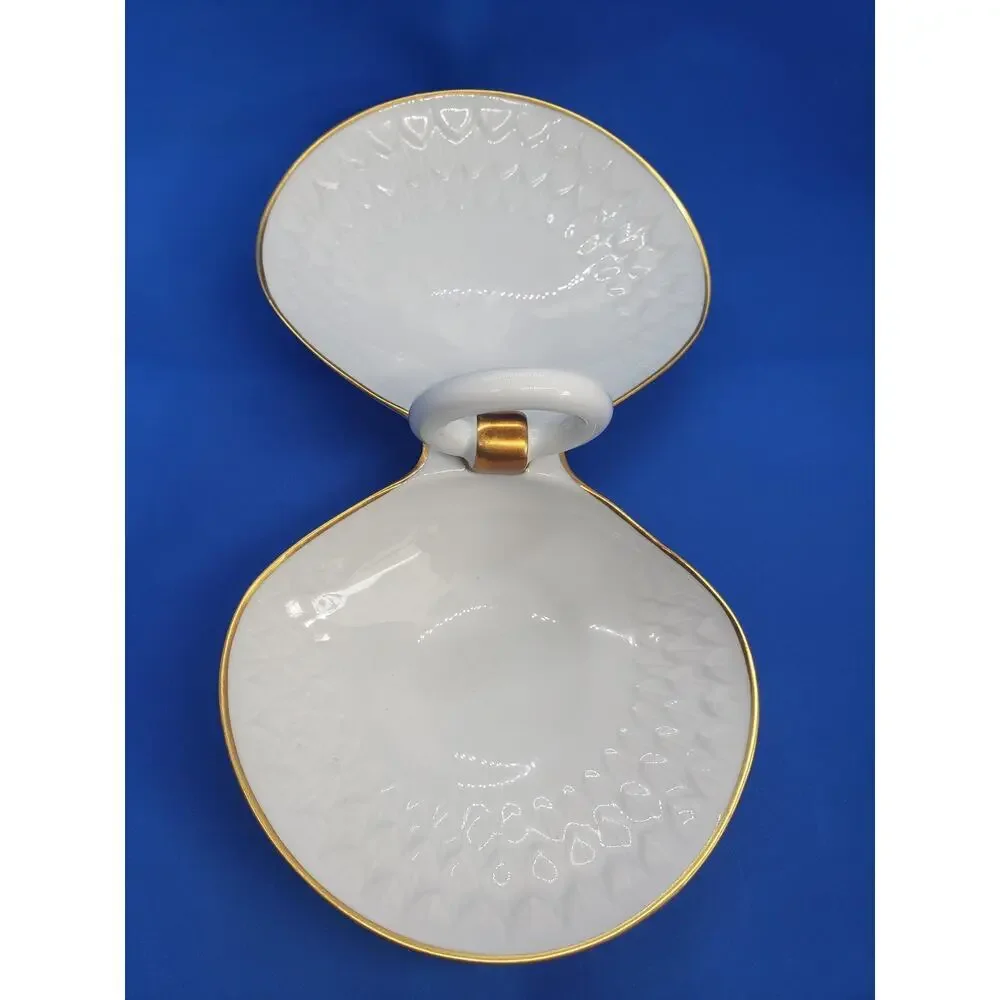 Vintage Limoges France Double Clam Shell Dish Trinket White Porcelain Gold Trim